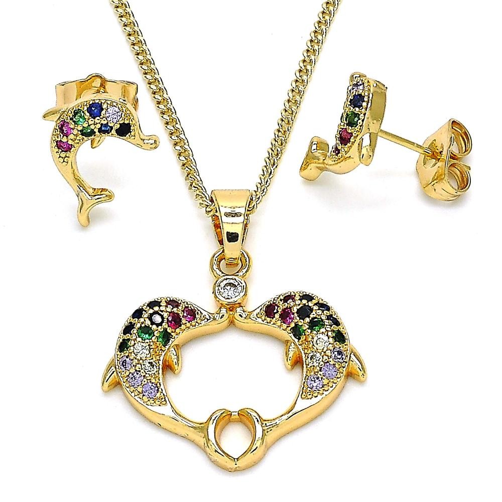 Gold Filled Earring and Pendant Set Dolphin Design With Multicolor Micro Pave and White Cubic Zirconia Polished Finish Golden Tone