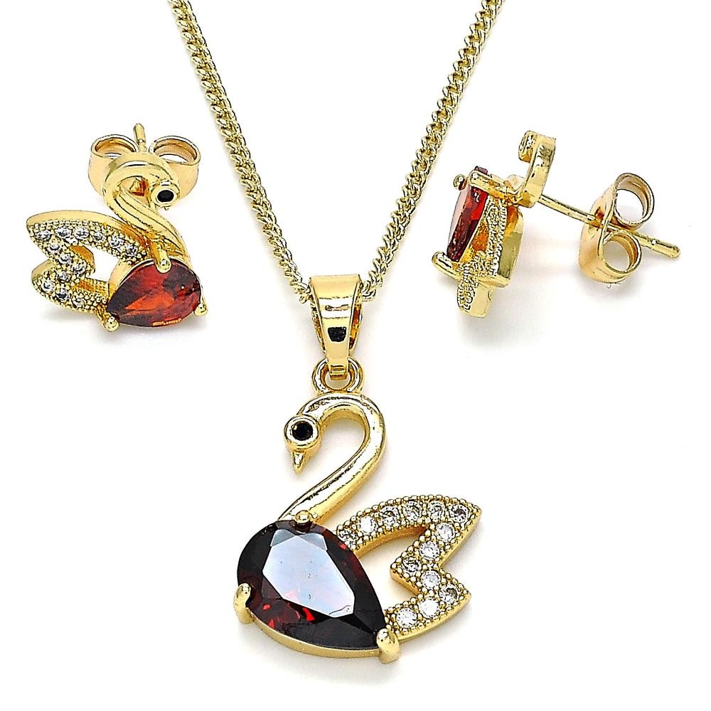 Gold Filled Earring and Pendant Set Swan Design with Garnet Cubic Zirconia and White Micro Pave Polished Golden Finish
