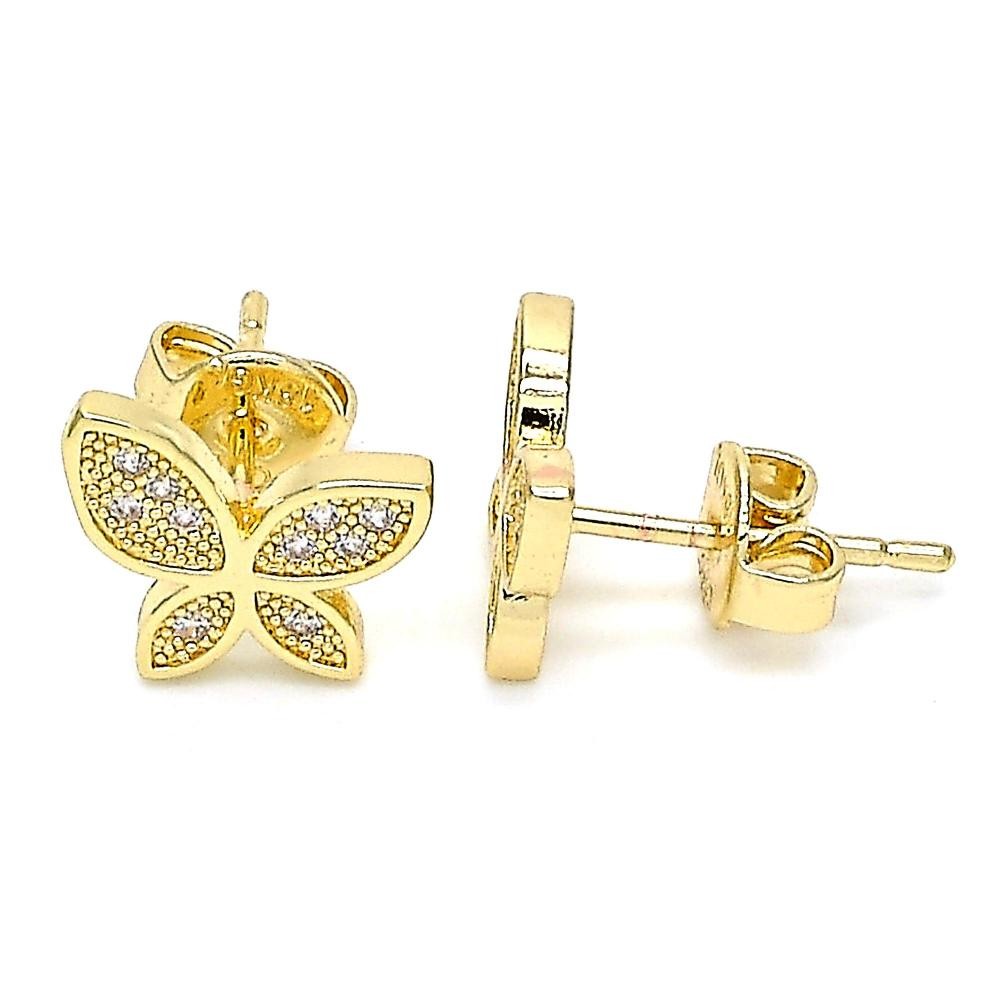Gold Filled Stud Earring Butterfly Design With White Micro Pave Polished Finish Golden Tone