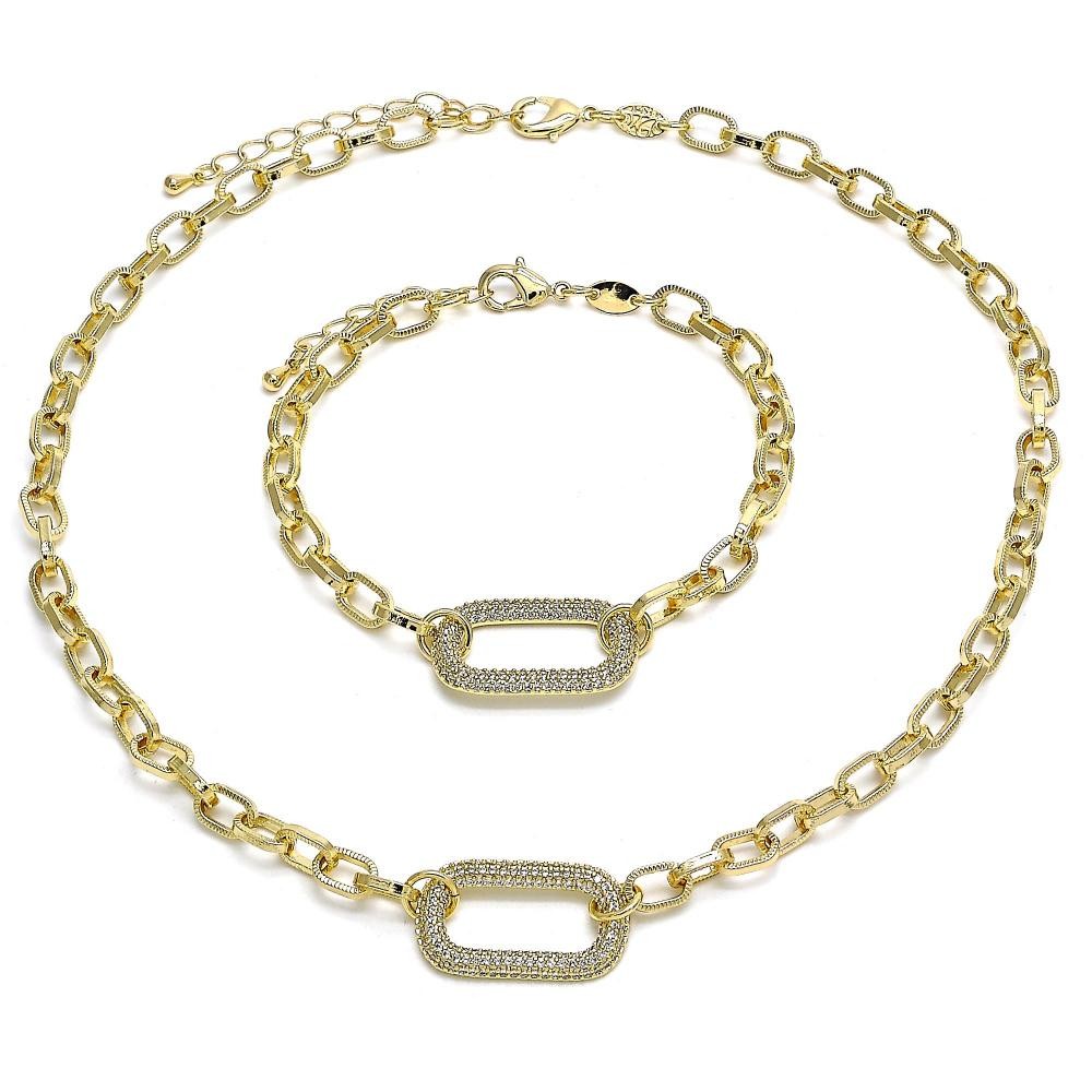 Gold Filled Necklace and Bracelet Set Paperclip Design With White Micro Pave Polished Finish Golden Tone