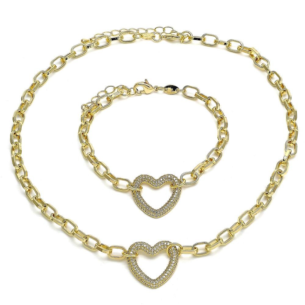 Gold Filled Necklace and Bracelet Set Paperclip and Heart Design With White Micro Pave Polished Finish Golden Tone