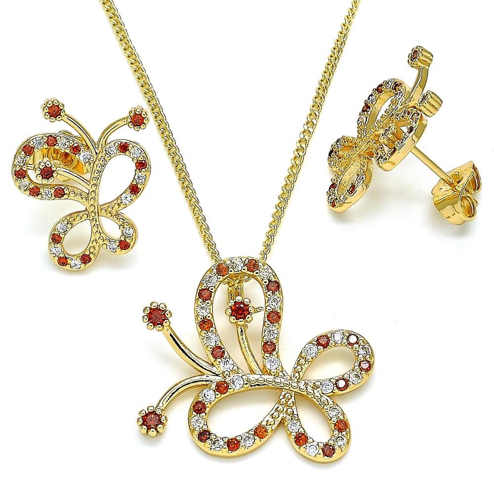 Gold Filled Earring and Pendant Set Butterfly Design With Garnet and White Cubic Zirconia Polished Finish Golden Tone