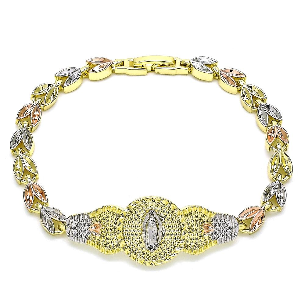 Gold Filled Fancy Bracelet Guadalupe and Leaf Design Polished Finish Tri Tone