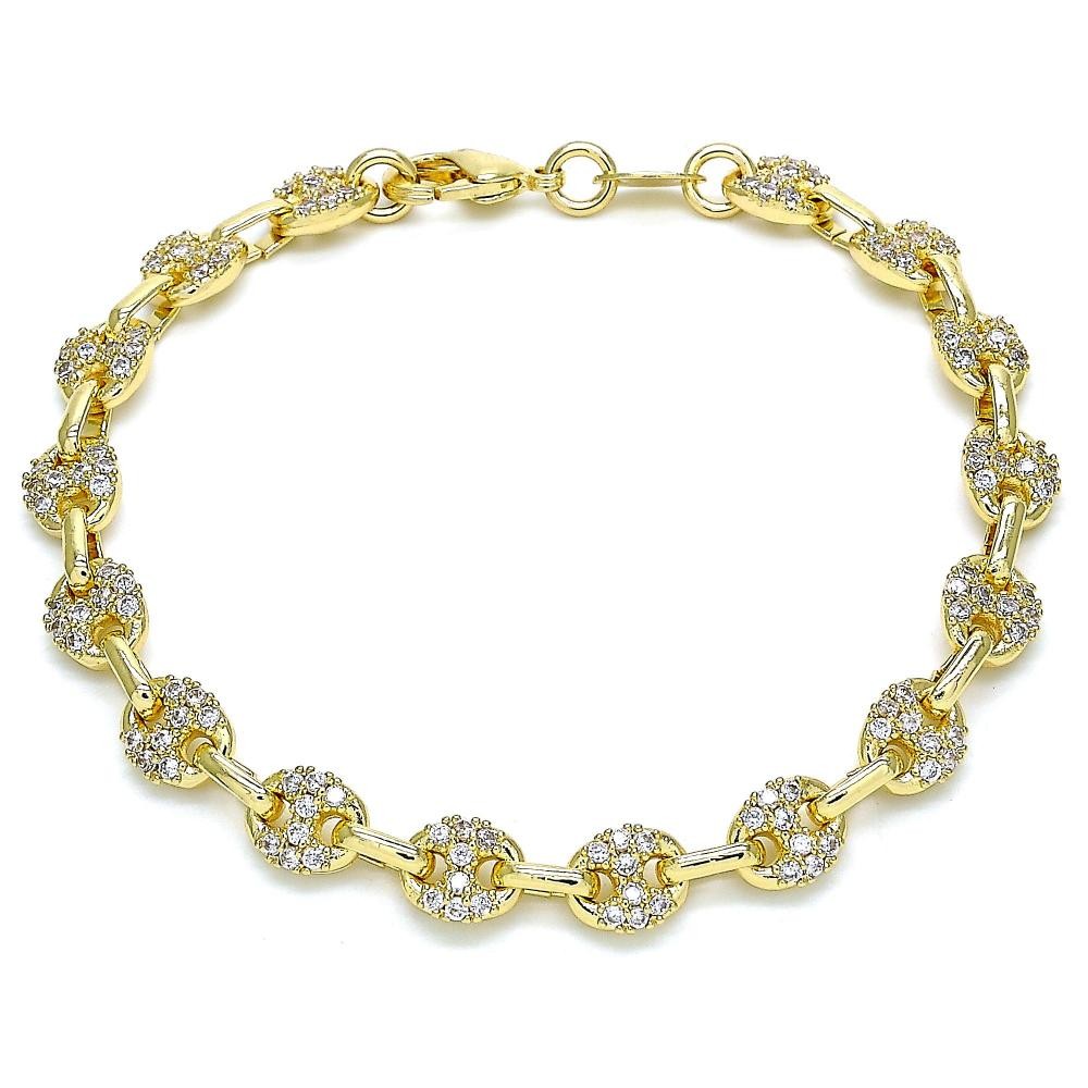 Gold Filled Fancy Bracelet, Puff Mariner Design With White Micro Pave Polished Finish Golden Tone