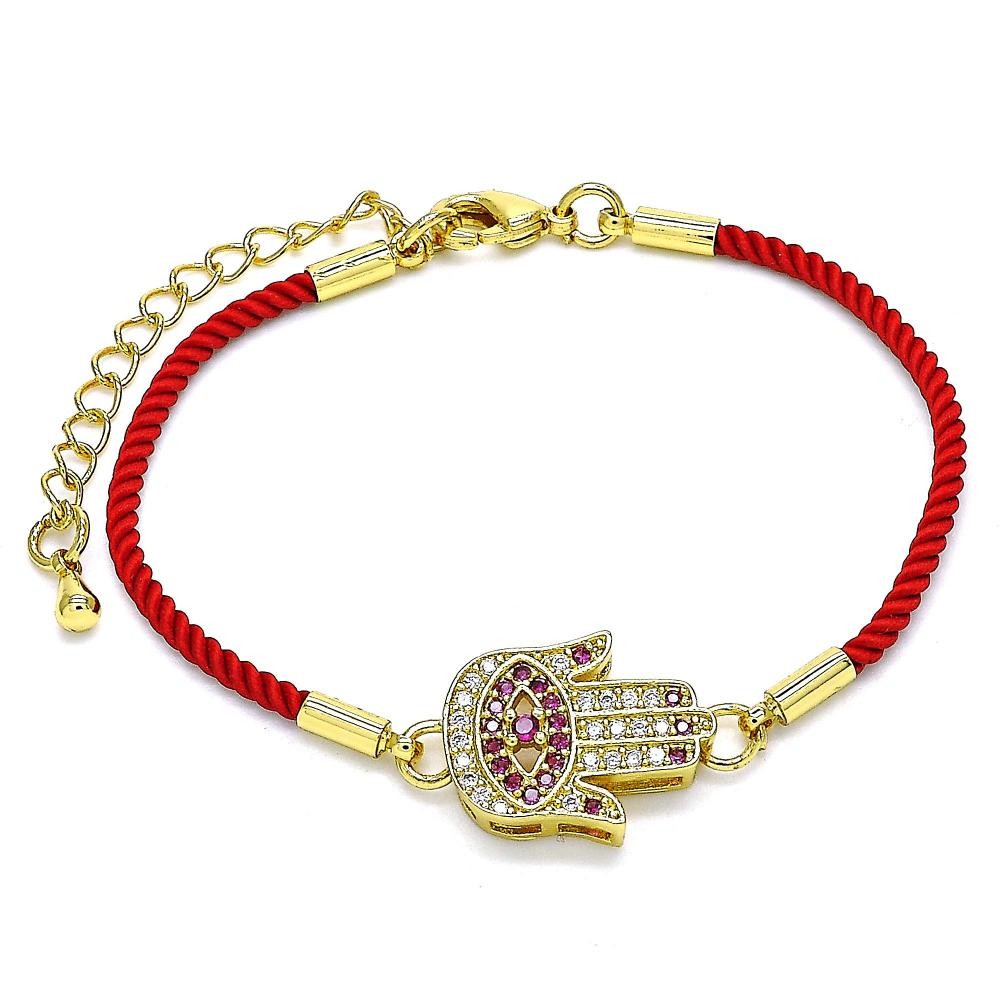 Gold Filled Fancy Bracelet Hand of God Design With Ruby and White Micro Pave Polished Finish Golden Tone