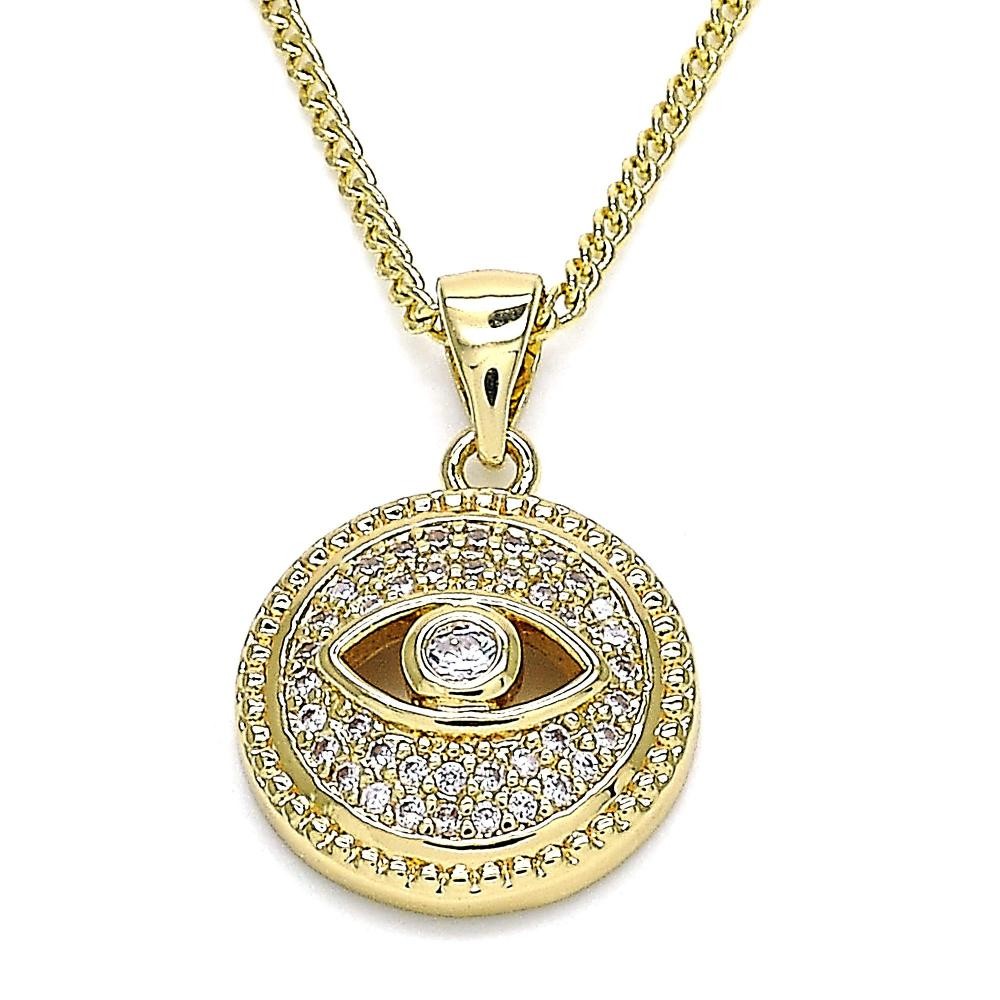 Gold Filled Pendant Necklace Greek Eye Design With White Micro Pave Polished Finish Golden Tone