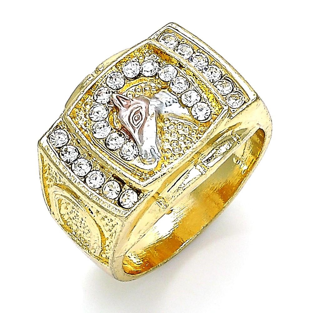 Gold Layered Men's Ring Horse Design With Crystal Tri Tone