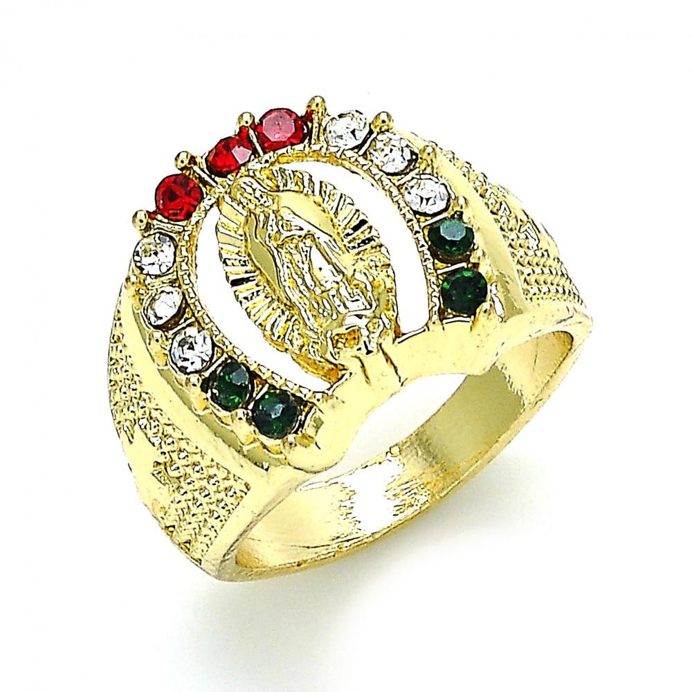 Gold Filled Men's Ring Guadalupe Design With Crystal Golden Tone