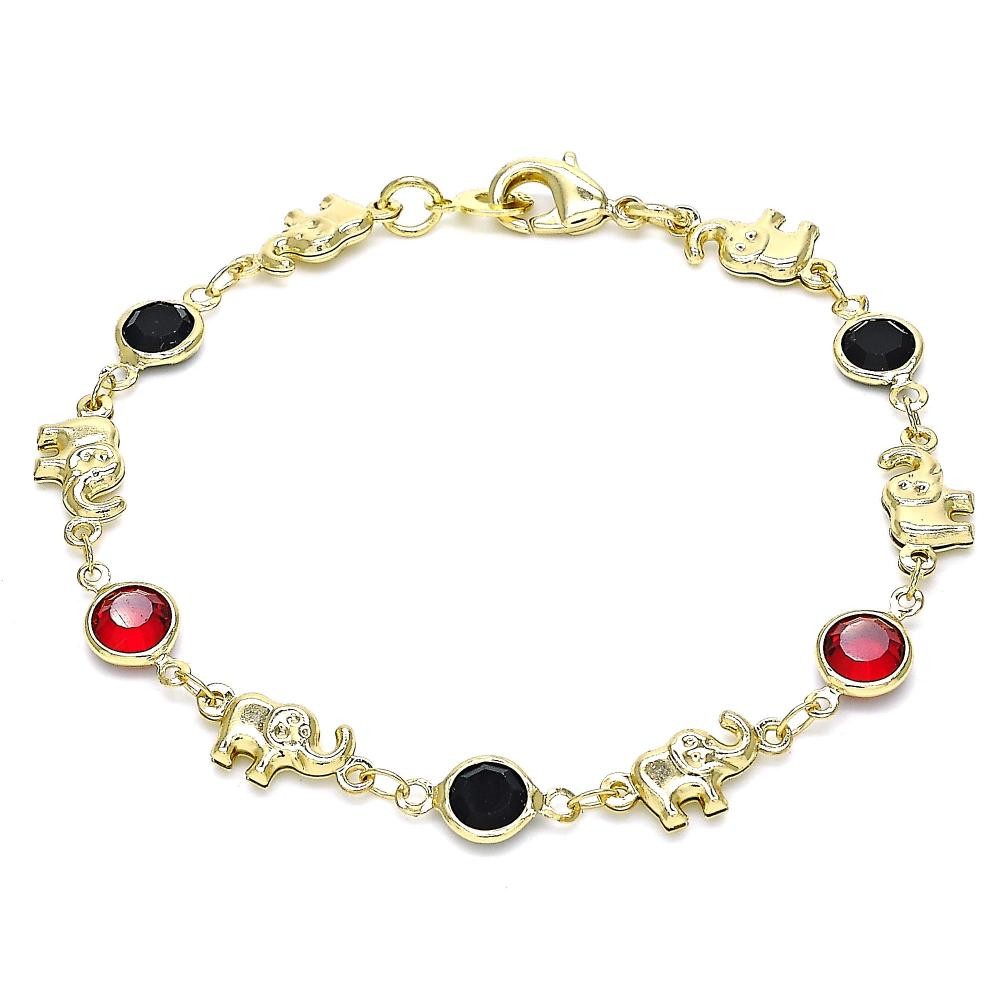 Gold Filled Fancy Bracelet Elephant Design With Garnet and Black Crystal Polished Finish Golden Tone