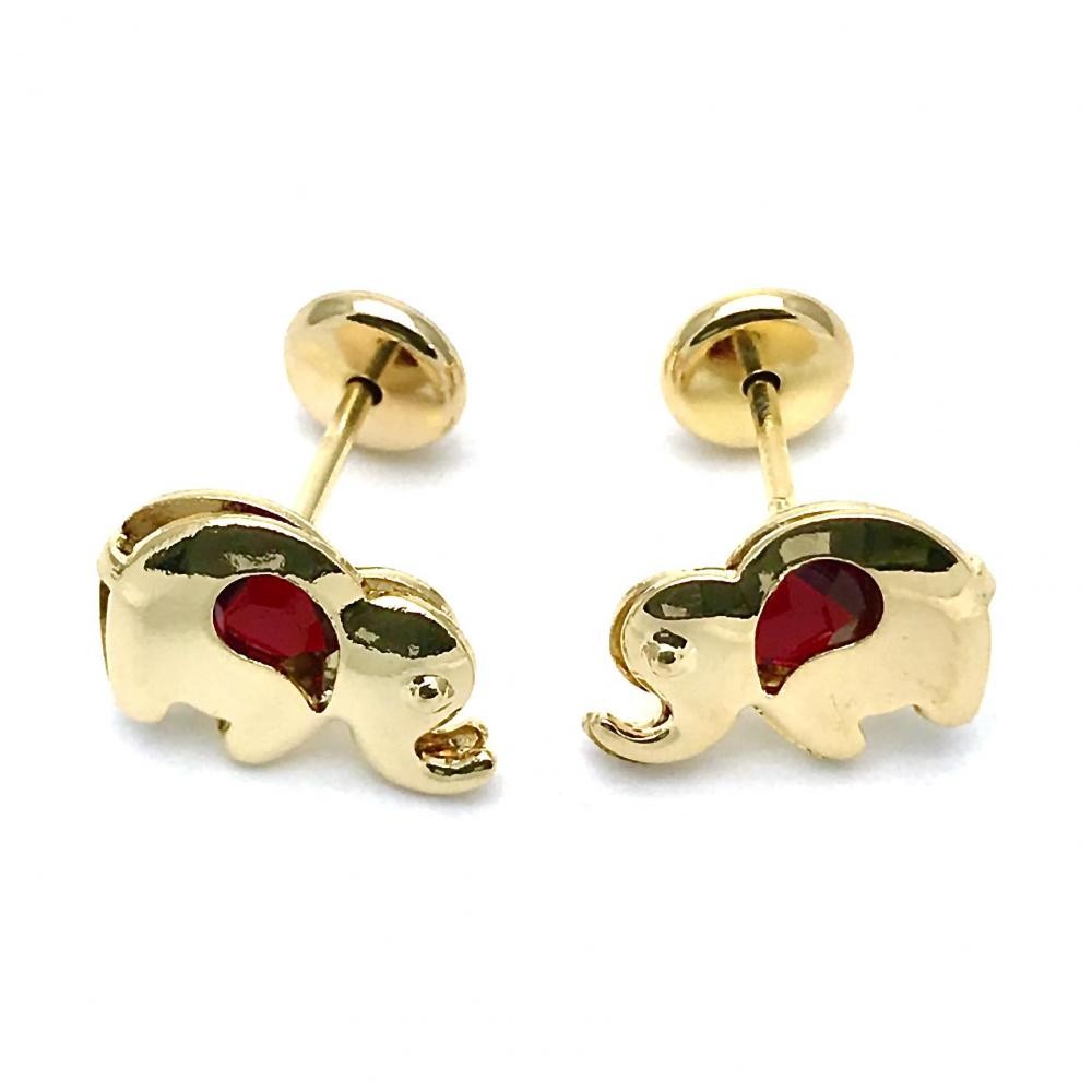 Gold Filled Stud Earrings Elephant Design With Garnet Cubic Zirconia Polished Finish Golden Tone