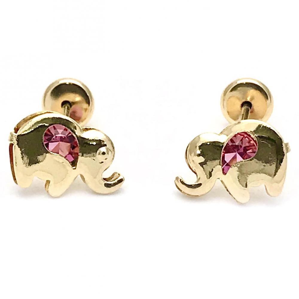 Gold Filled Stud Earring Elephant Design With Pink Cubic Zirconia Polished Finish Golden Tone