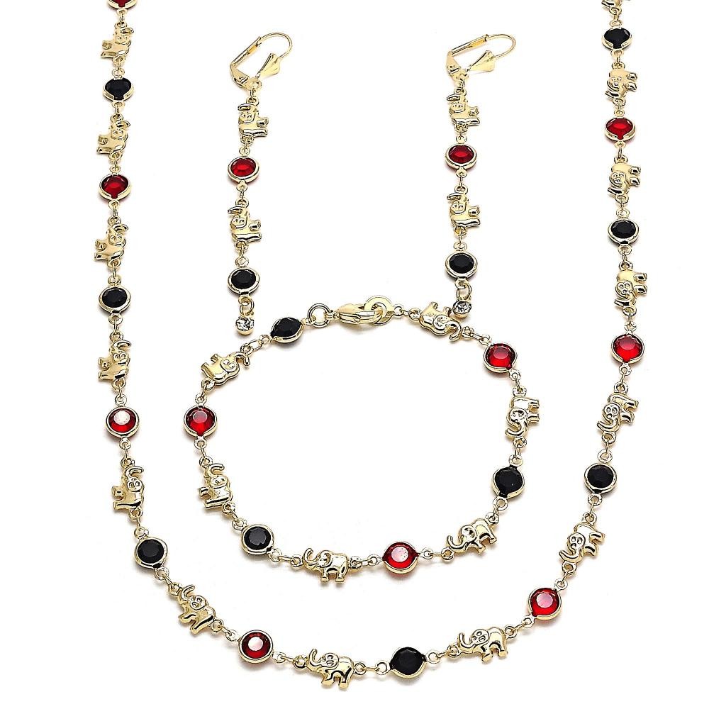 Gold Filled Necklace Bracelet and Earring Elephant Design With Garnet and Black Crystal Polished Finish Golden Tone