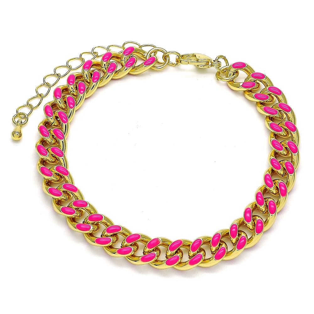 Gold Filled Basic Bracelet Miami Cuban Design Hot Pink Enamel Finish Golden Tone