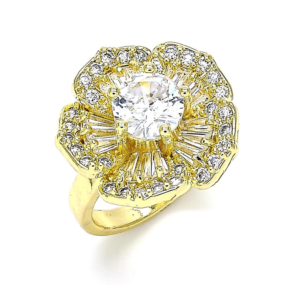 Gold Finish Multi Stone Ring Flower Design with White Cubic Zirconia Polished Golden Tone