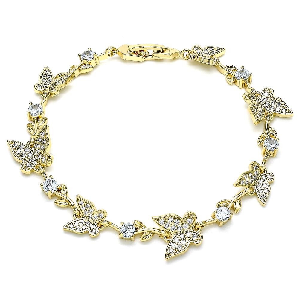 Gold Filled Fancy Bracelet Butterfly and Leaf Design with White Micro Pave and White Cubic Zirconia Polished Golden Finish 12 MM Thickness 8 Inches Length
