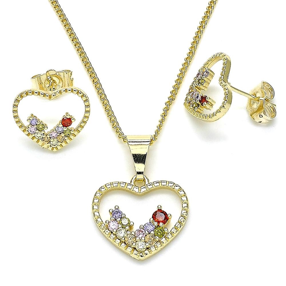 Gold Filled Earring and Pendant Set Heart Design With Multicolor Micro Pave Polished Finish Golden Tone