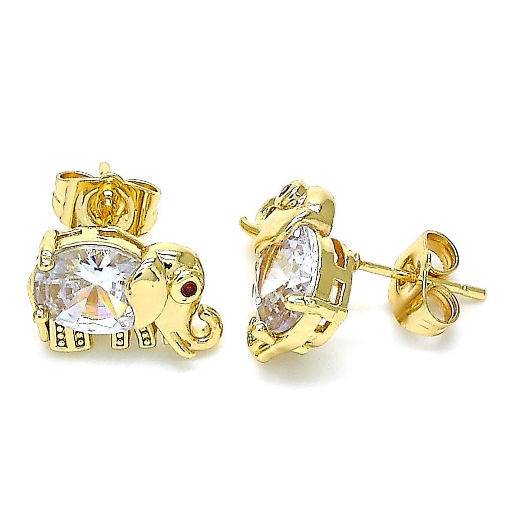 Gold Filled Stud Earrings Elephant Design With White Cubic Zirconia and Garnet Micro Pave Polished Finish Golden Tone