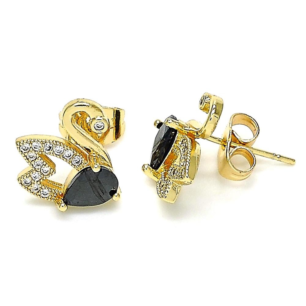 Gold Filled Stud Earring Swan Design with Black Cubic Zirconia and White Micro Pave Polished Golden Tone