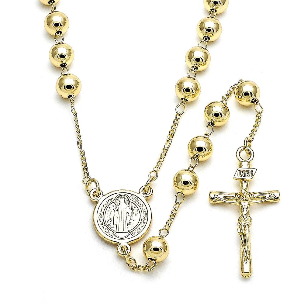 Gold Filled 6mm Medium Rosary San Benito and Crucifix Design Polished Finish Golden Tone