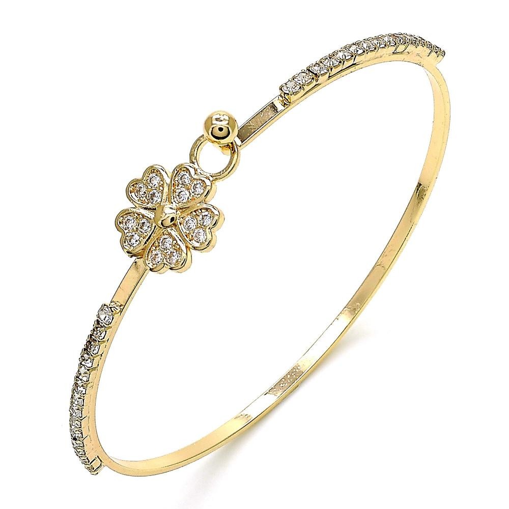 Gold Filled Individual Bangle Flower and Heart Design With White Micro Pave and White Crystal Polished Finish Golden Tone