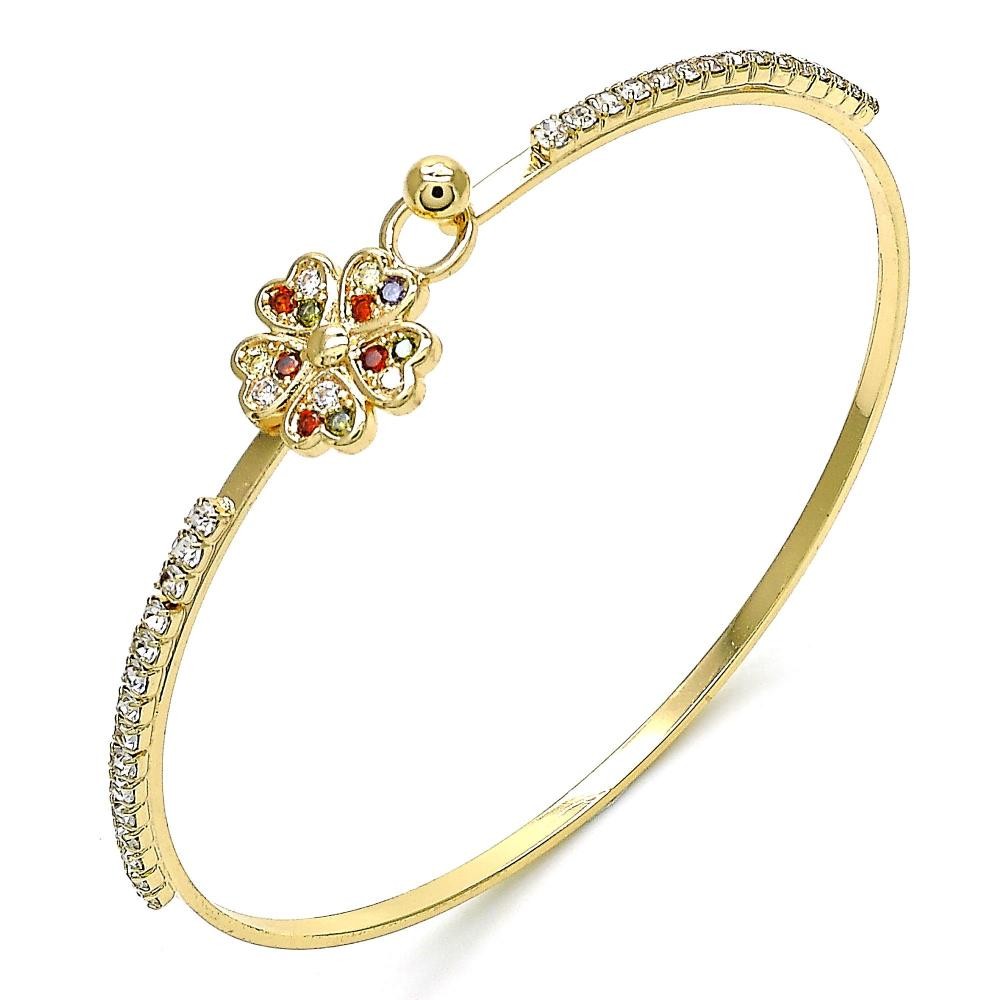 Gold Filled Individual Bangle Flower and Heart Design With Multicolor Micro Pave and White Crystal Polished Finish Golden Tone