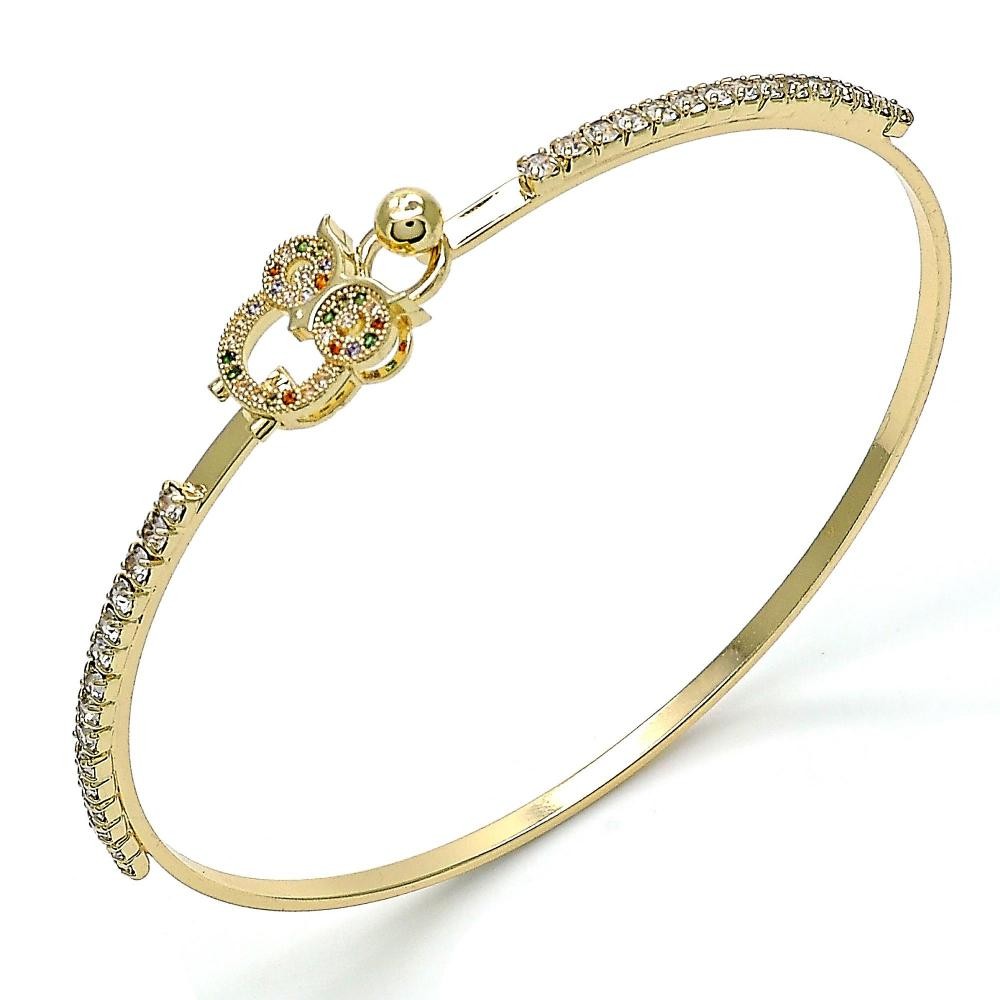Gold Filled Individual Bangle Owl Design With Multicolor Micro Pave and White Crystal Polished Finish Golden Tone
