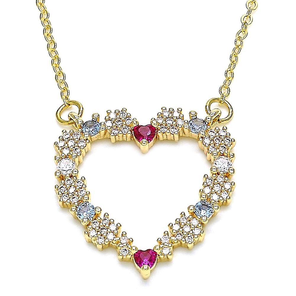 Gold Pendant Necklace Heart Design With White Micro Pave and Multicolor Cubic Zirconia Polished Finish Golden Tone