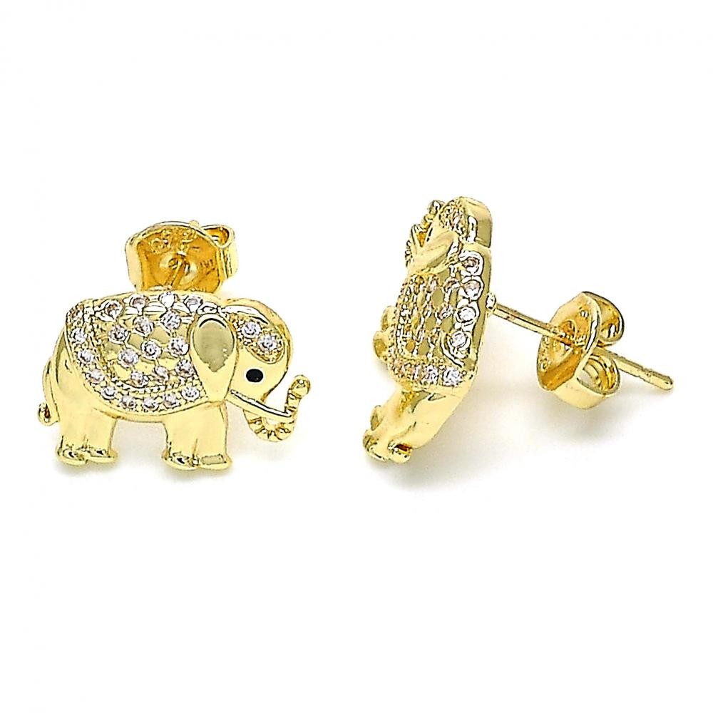 Gold Filled Stud Earrings Elephant Design With White and Black Micro Pave Polished Finish Golden Tone