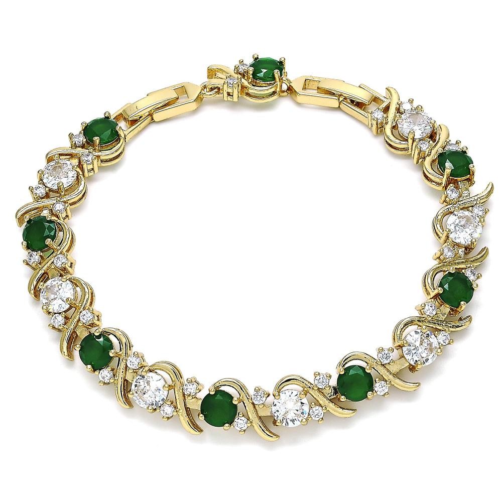Gold Filled Tennis Bracelet with Emeral and White Cubic Zirconia Polished Golden Tone