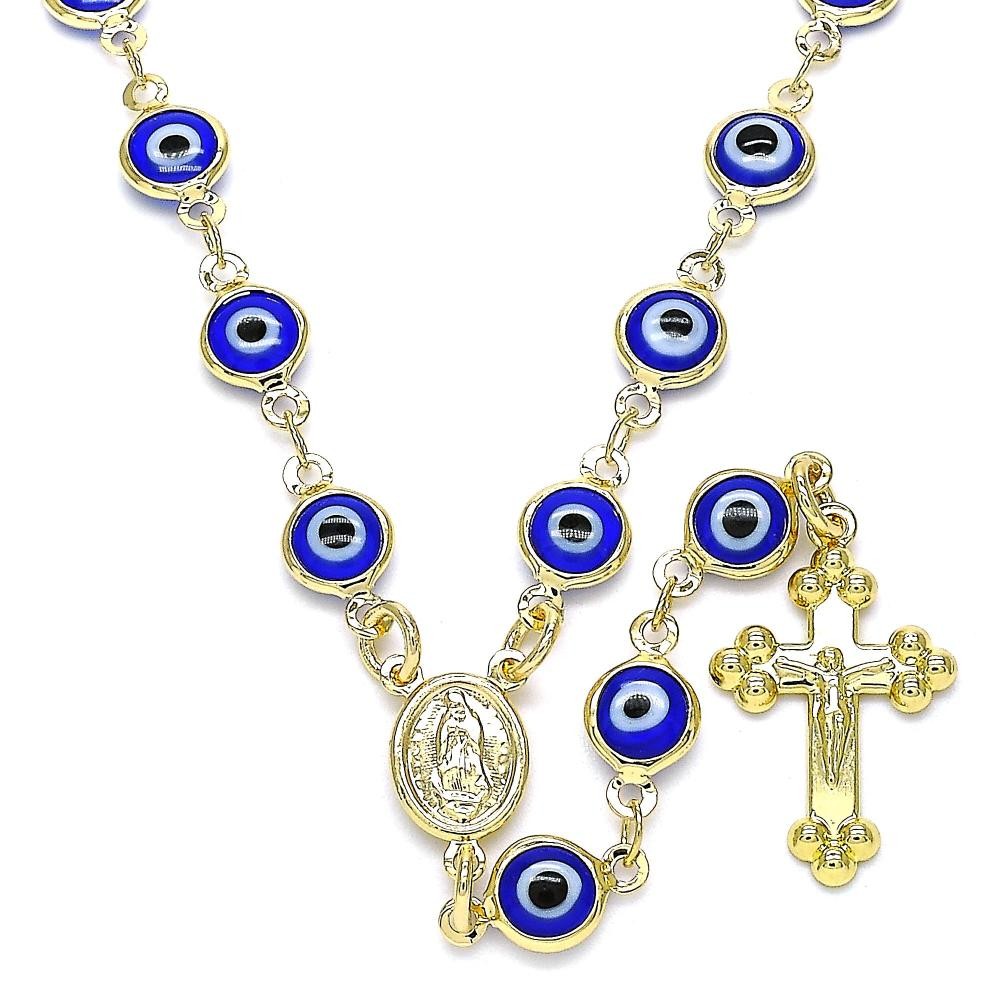 Gold Filled 18" Medium Rosary Guadalupe and Evil Eye Design Blue Resin Finish Golden Tone