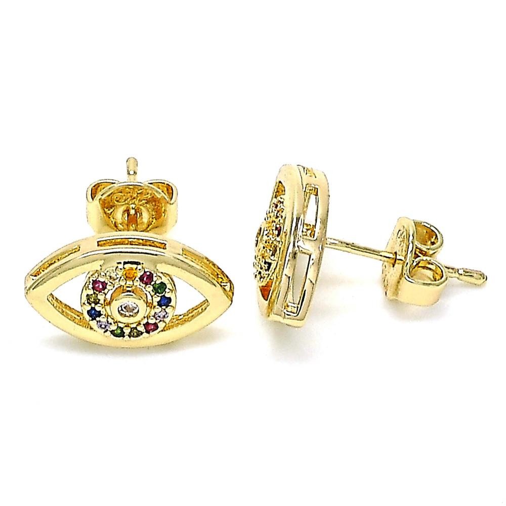 Gold Filled Stud Earrings With Multicolor Micro Pave Polished Finish Golden Tone