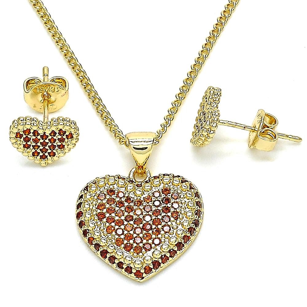 Gold Filled Earring and Pendant Set Heart Design With Garnet Micro Pave Polished Finish Golden Tone