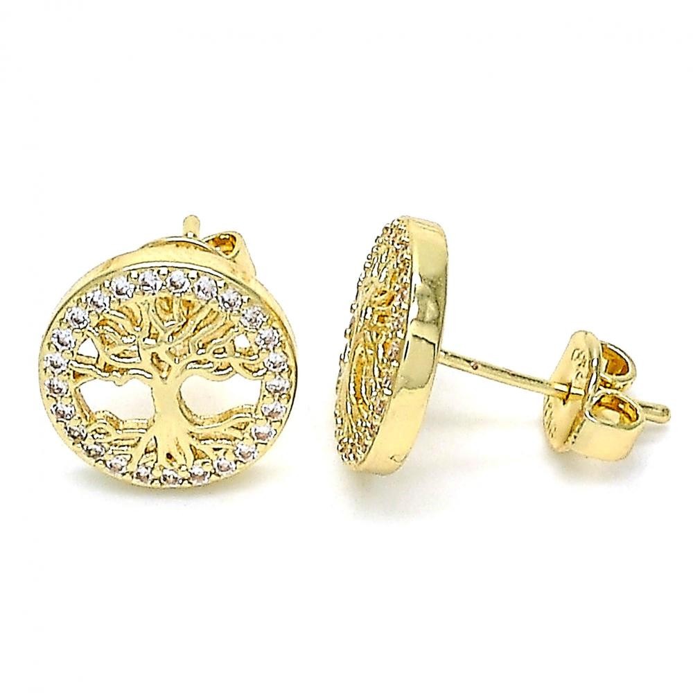 Gold Filled Stud Earrings Tree Design With White Micro Pave Polished Finish Golden Tone