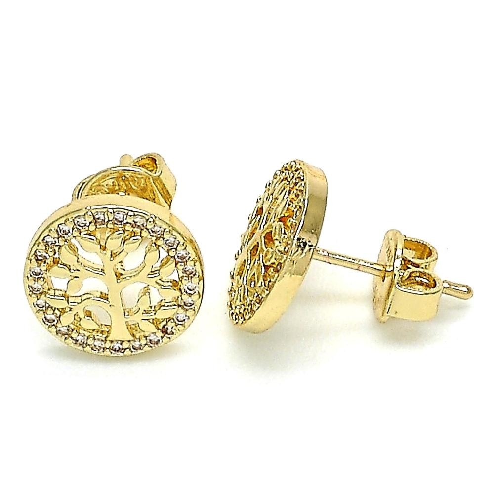 Gold Filled Stud Earrings Tree Design With Multicolor Micro Pave Polished Finish Golden Tone
