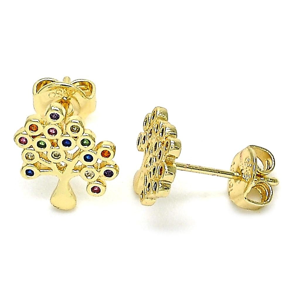 Gold Filled Stud Earring Tree Design With Multicolor Cubic Zirconia Polished Finish Golden Tone