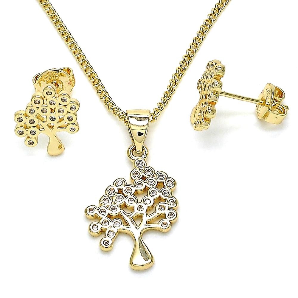 Gold Filled Earring and Pendant Set Tree Design With White Micro Pave Polished Finish Golden Tone