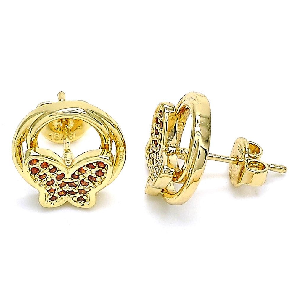 Gold Filled Stud Earrings Butterfly Design With Garnet Micro Pave Polished Finish Golden Tone