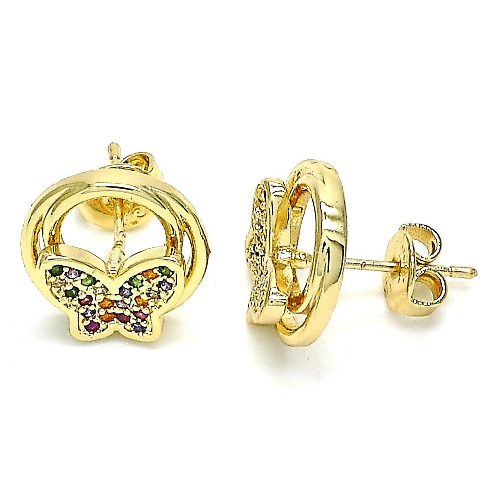 Gold Filled Stud Earrings Butterfly Design With Multicolor Micro Pave Polished Finish Golden Tone