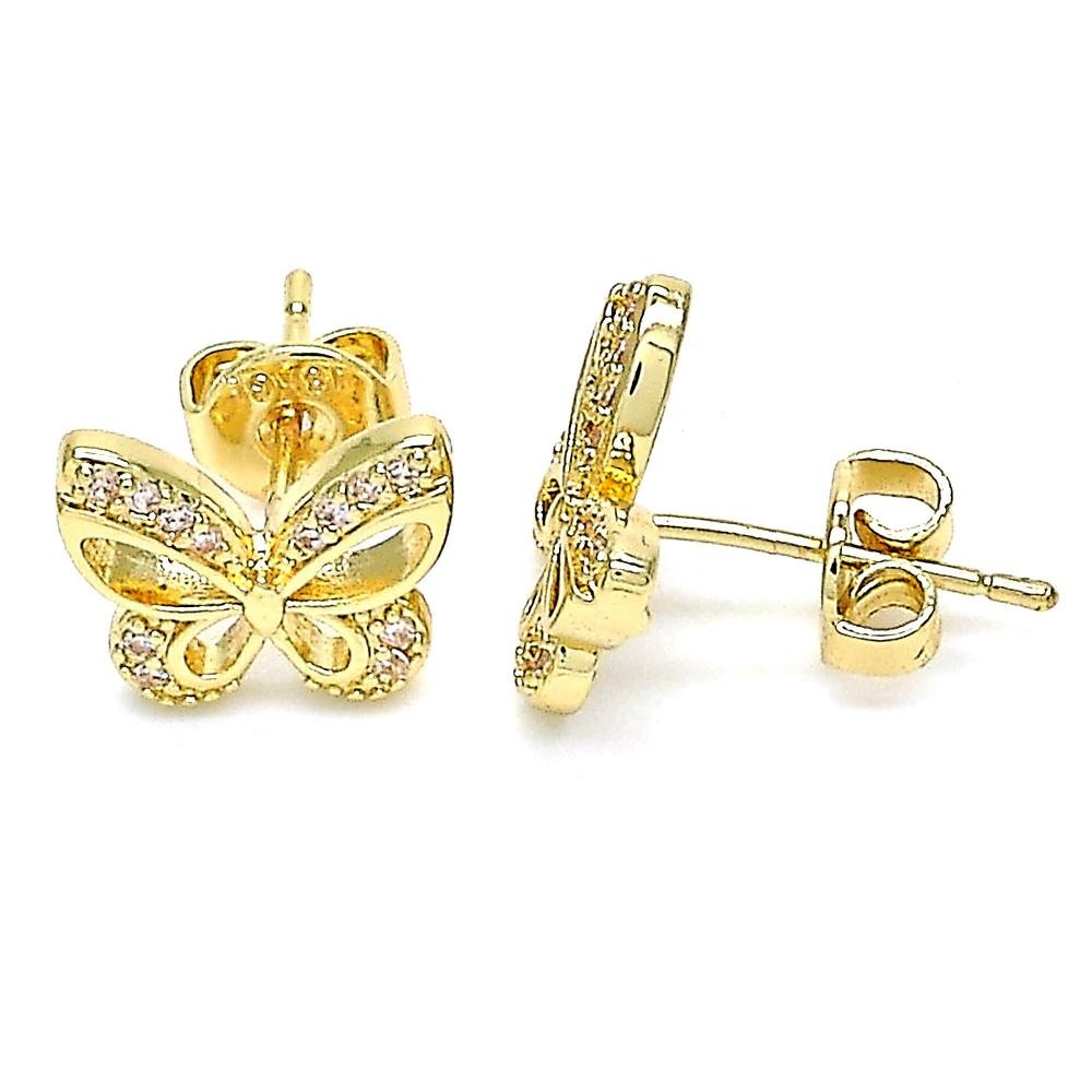 Gold Filled Butterfly Design Stud Earrings With Clear Micro Pave Polished Finish Golden Tone