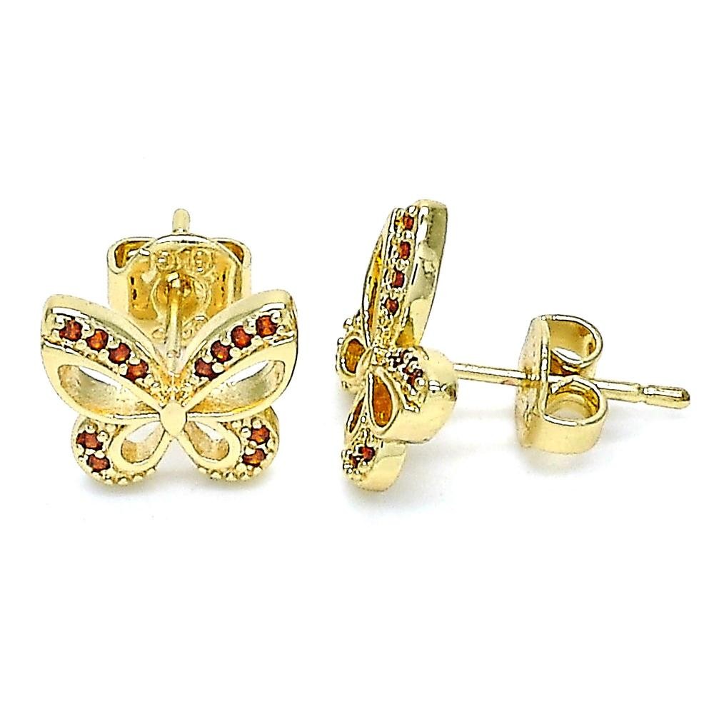 Gold Filled Butterfly Design Stud Earrings With Garnet Micro Pave Polished Finish Golden Tone