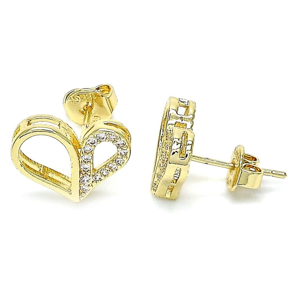 Gold Filled Stud Earring Heart Design With White Micro Pave Polished Finish Golden Tone