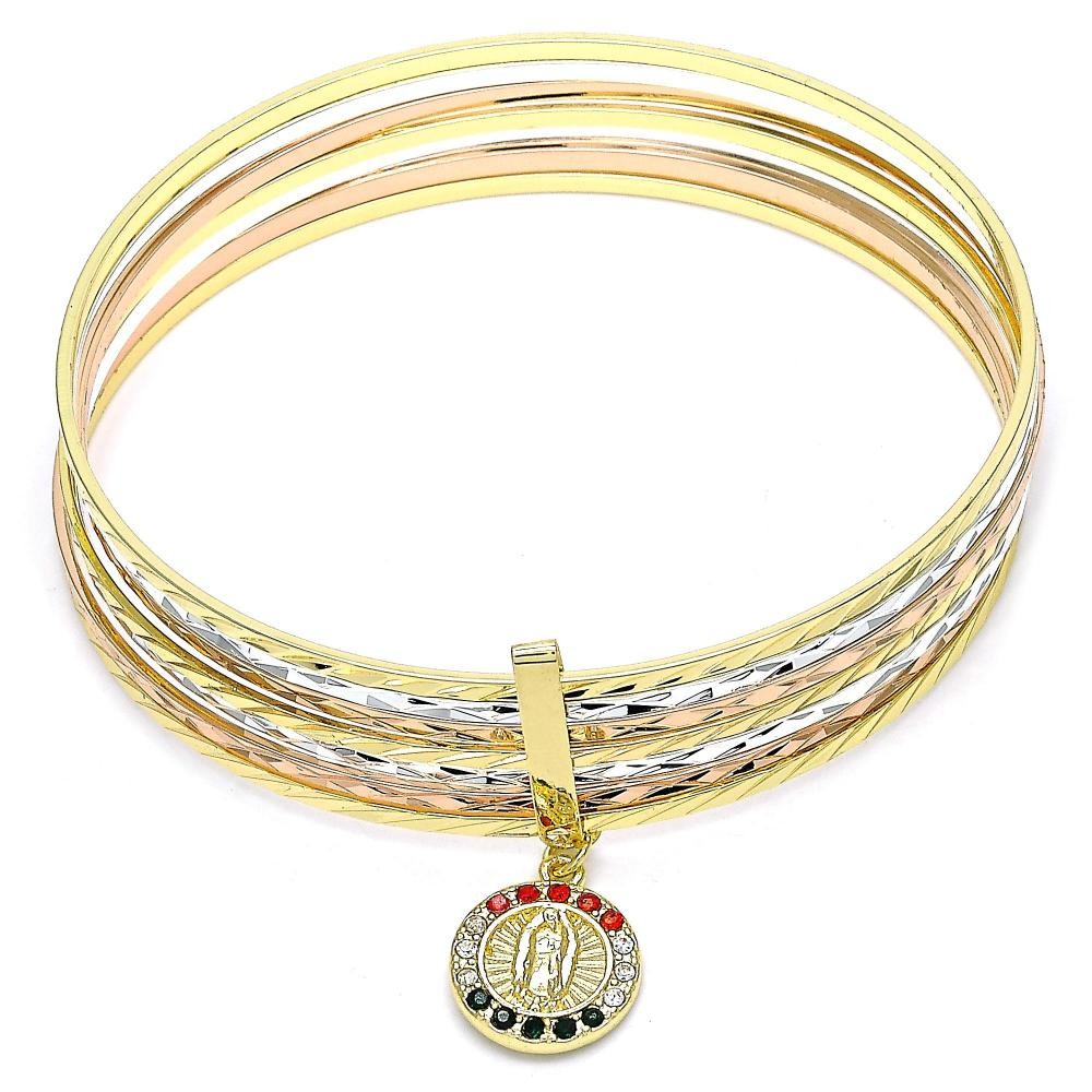 Gold Filled Semanario Bangle Guadalupe Design With Multicolor Cubic Zirconia Polished Finish Tri Tone (02 MM Thickness, Size 6 - 2.75 Diameter)
