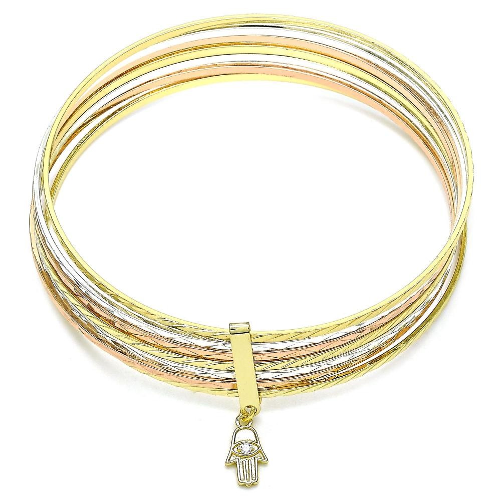 Gold Filled Semanario Bangle Hand of God Design With White Cubic Zirconia Diamond Cutting Finish Tri Tone (02 MM Thickness, Size 6 - 2.75 Diameter)