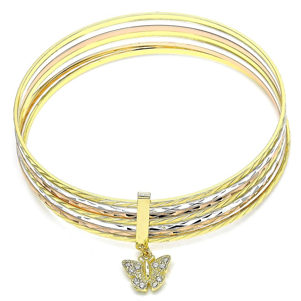 Gold Filled Semanario Bangle Butterfly Design With Garnet Crystal Diamond Cutting Finish Tri Tone (02 MM Thickness, Size 6 - 2.75 Diameter)