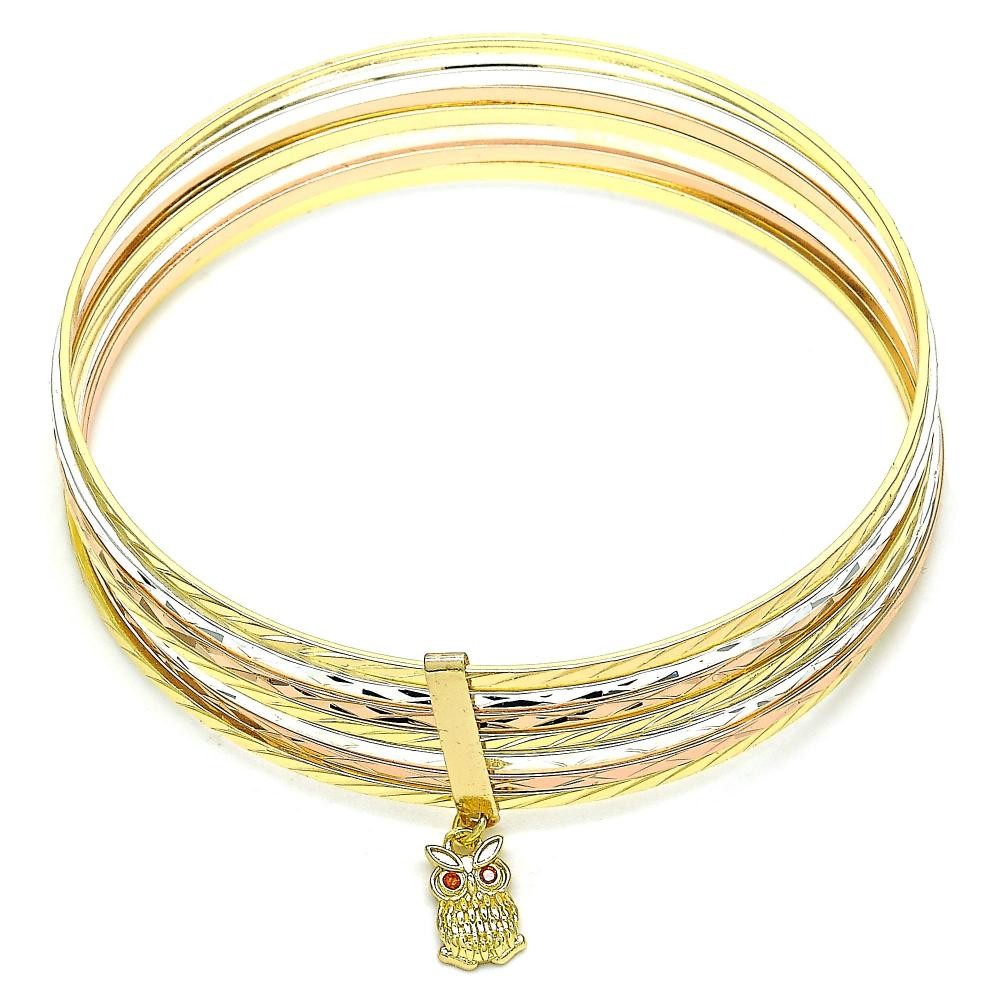Gold Filled Semanario Bangle Owl Design With Garnet Crystal Diamond Cutting Finish Tri Tone (02 MM Thickness, Size 6 - 2.75 Diameter)