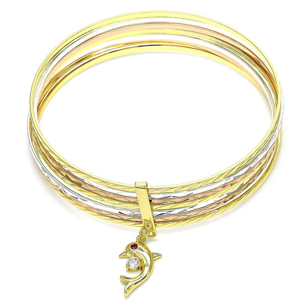 Gold Filled Semanario Bangle Dolphin Design With Garnet Crystal Diamond Cutting Finish Tri Tone (02 MM Thickness, Size 6 - 2.75 Diameter)