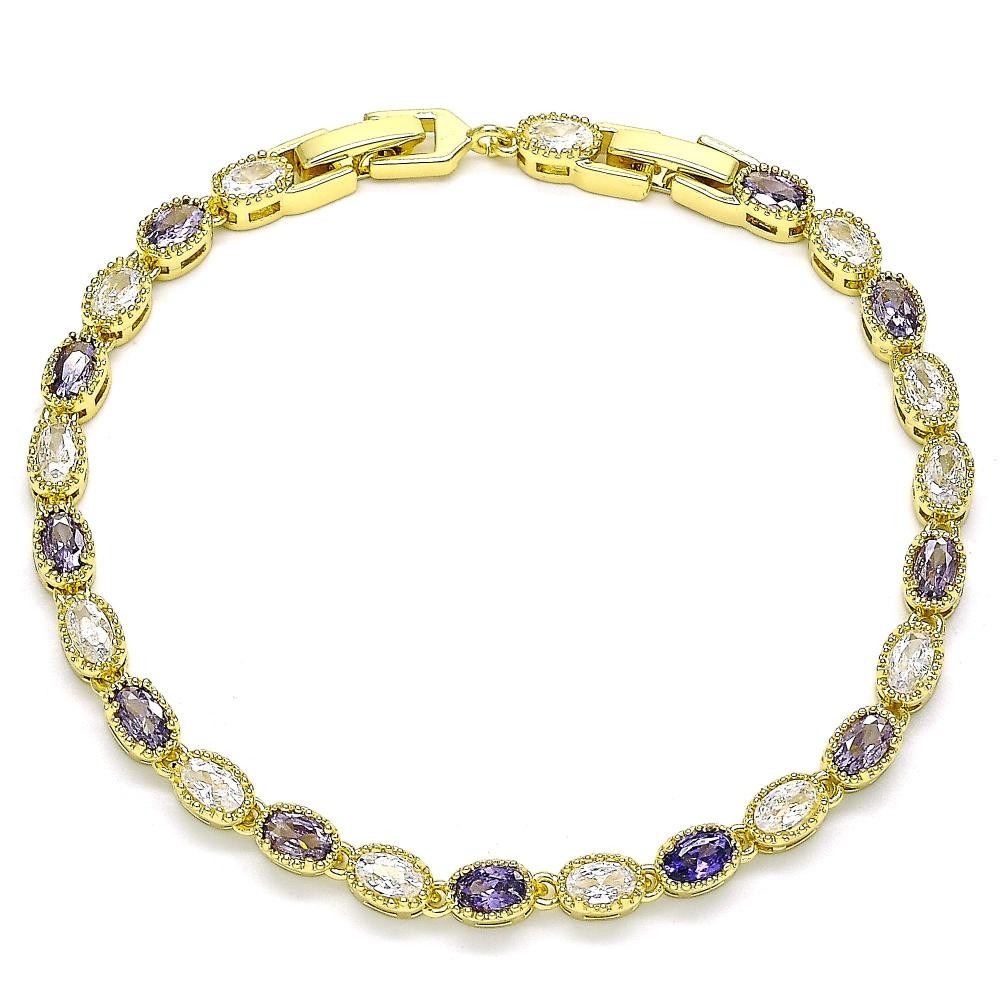 Gold Filled Tennis Bracelet with Amethyst and White Cubic Zirconia Polished Golden Tone