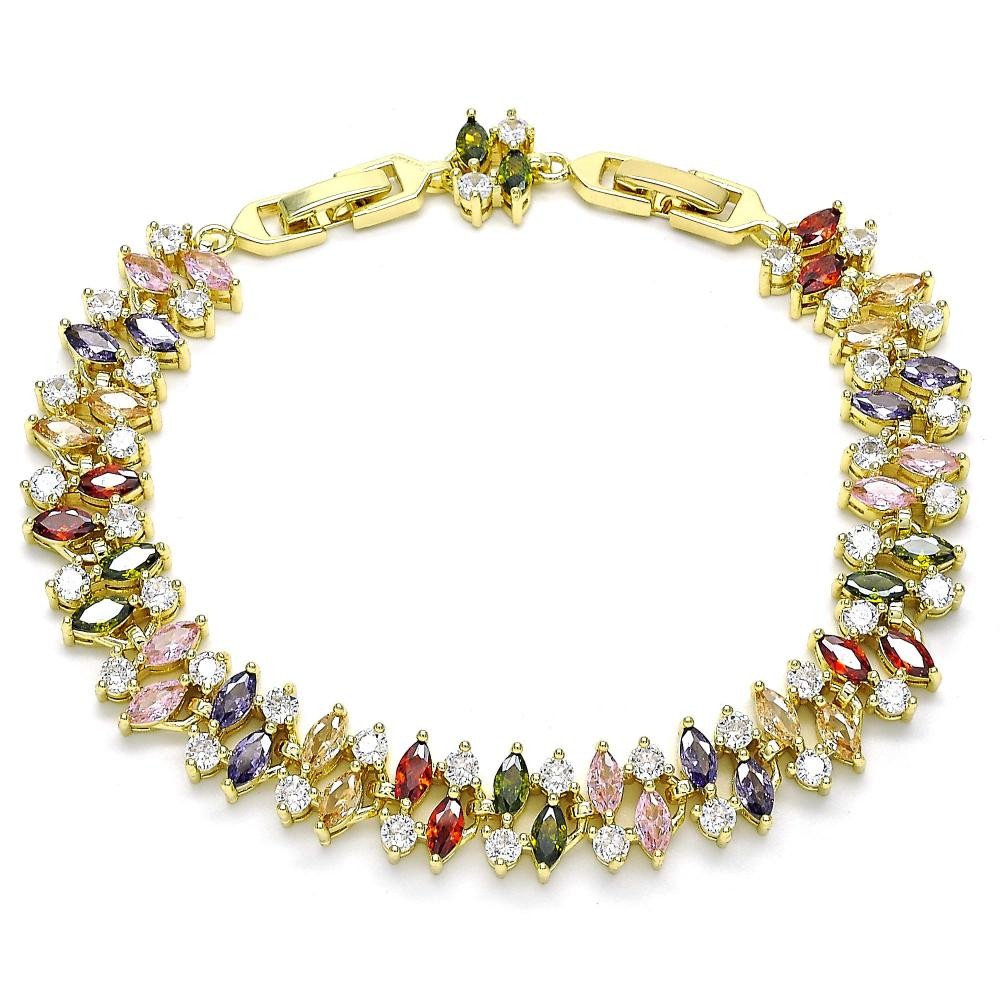Gold Filled Tennis Bracelet With Multicolor Cubic Zirconia Polished Finish Golden Tone