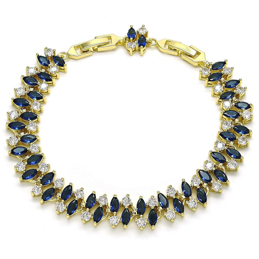 Gold Filled Tennis Bracelet With Sapphire Blue and White Cubic Zirconia Polished Finish Golden Tone