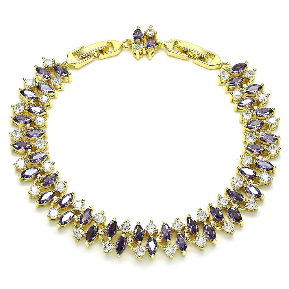 Gold Filled Tennis Bracelet With Amethyst and White Cubic Zirconia Polished Finish Golden Tone